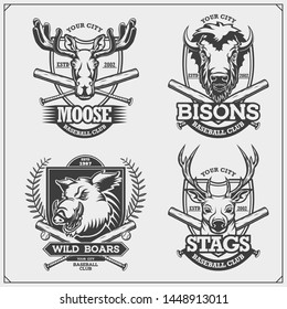 Set of baseball badges, labels and design elements. Sport club emblems with deer, bison, elk and wild boar. Print design for t-shirts.