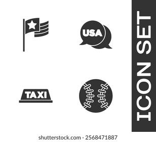 Set Baseball ball, American flag, Taxi car roof and USA Independence day icon. Vector