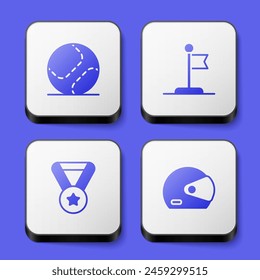 Set Baseball ball, Flag, Medal and Racing helmet icon. White square button. Vector