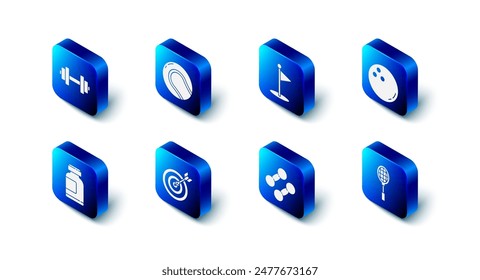 Set Baseball ball, Golf flag, Bowling, Tennis racket, Dumbbell, Target with arrow, Sports nutrition and  icon. Vector