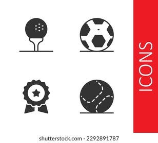 Set Baseball ball, Golf on tee, Medal with star and Soccer football icon. Vector
