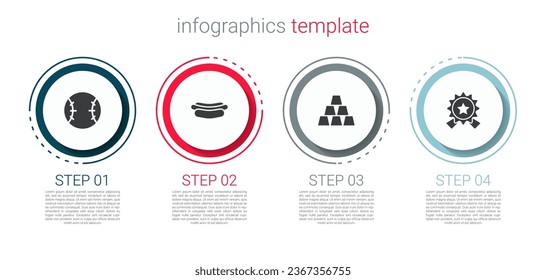 Set Baseball ball, Hotdog sandwich, Gold bars and Medal with star. Business infographic template. Vector