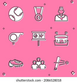 Set Baseball ball, Medal with baseball, coach, Whistle, Planning strategy, arena, boot and Team of players icon. Vector