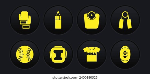 Set Baseball ball, Sport expander, Boxing helmet, T-shirt with fight club MMA, Bathroom scales, Punching bag, American Football and glove icon. Vector