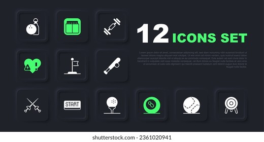 Set Baseball ball, Target sport, Flag, Billiard pool snooker, Heart rate, Ribbon in finishing line, Sport mechanical scoreboard and Golf tee icon. Vector