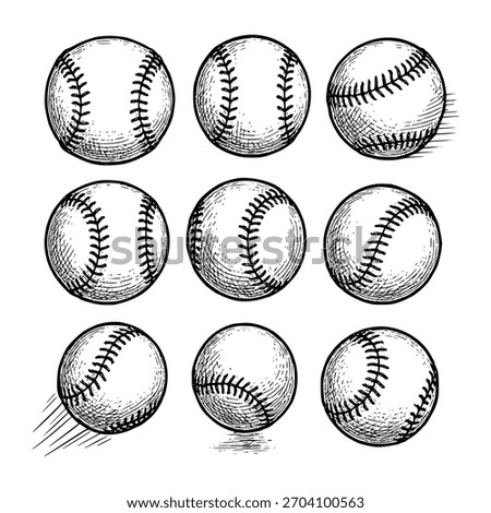 Set baseball ball vintage hand drawing style black and white