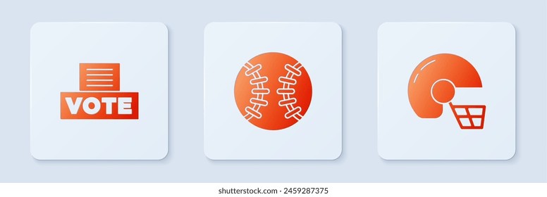 Set Baseball ball, Vote box and American football helmet. White square button. Vector