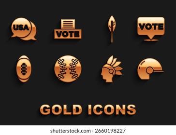 Conjunto de béisbol, voto, casco, indio nativo americano, fútbol americano, pluma, día de la independencia de los Estados Unidos e icono de la caja. Vector
