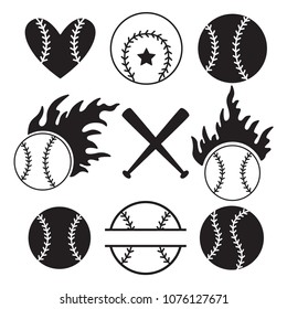 Set of baseball balls, bats, fire, heart. Vector illustration isolated on white background.