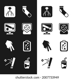 Set Baseball base, Monitor with baseball game, Championship tournament bracket, sock, glove, Planning strategy, Paper glass water and bat icon. Vector