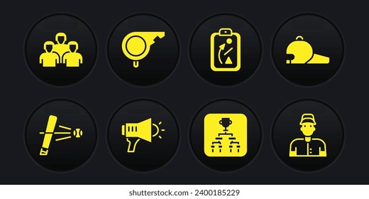 Set Baseball bat with ball, cap, Megaphone, Championship tournament bracket, Planning strategy, Whistle, player and Team of baseball players icon. Vector