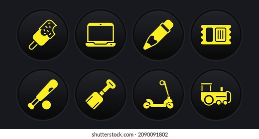 Set Baseball bat with ball, Circus ticket, Shovel toy, Roller scooter, Pencil eraser, Laptop, Toy train and Ice cream icon. Vector