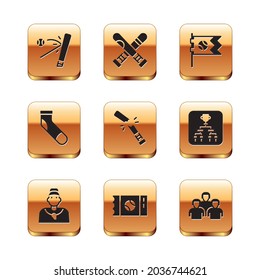 Set Baseball bat with ball, coach, ticket, Broken baseball, sock, Flag, Team of players and Crossed icon. Vector
