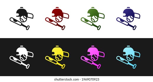 Set Baseball bat with ball, hat icon isolated on black and white background.  Vector