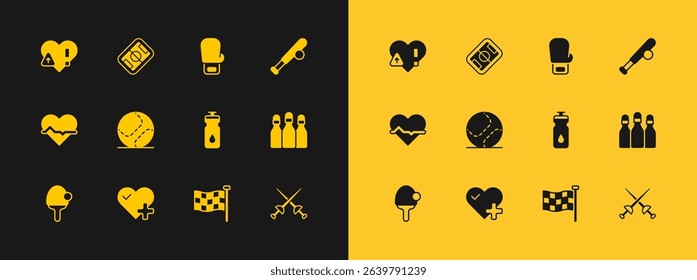 Set Baseball bat with ball, Heart rate, Fitness shaker, Checkered flag, Boxing glove,  and Football field icon. Vector