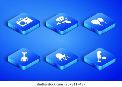 Set Baseball bat with ball, Photo camera, Racket, Shovel toy, Water gun and Balloons icon. Vector