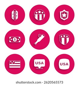 Set Baseball bat with ball, USA Independence day, Shield stars, American flag, Stacks paper money cash,  and Hotdog sandwich icon. Vector