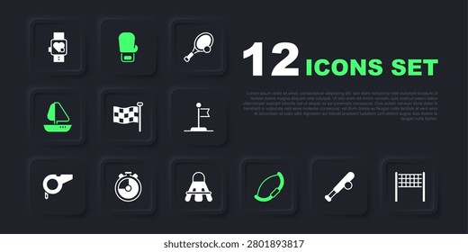 Set Baseball bat with ball, Volleyball net, Checkered flag, Medieval bow, Yacht sailboat, Stopwatch, Boxing glove and Badminton shuttlecock icon. Vector