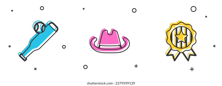 Set Baseball bat with ball, Western cowboy hat and Medal star icon. Vector