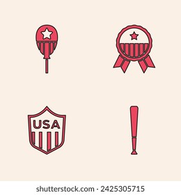 Set Baseball bat, Balloons, Medal with star and Shield stars icon. Vector