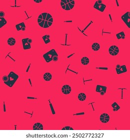 Set Baseball bat, Basketball, Casino chip and playing cards and Pickaxe on seamless pattern. Vector