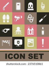 Set Baseball bat, Bullet, Telescopic baton, Flasher siren, Police electric shocker, Footsteps, rubber and Handcuffs icon. Vector