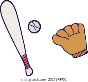 Set of Baseball Bat, Glove and Ball isolated on white background. Softball equipment, Hand drawn vector design illustration