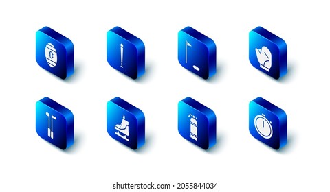 Set Baseball bat, Golf flag, glove, Stopwatch, Aqualung, Skates, club and American Football icon. Vector