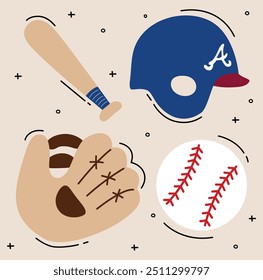 Set of baseball, bat, baseball helmet, ball and glove