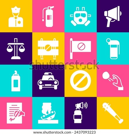 Set Baseball bat with nails, Hooligan shooting stones, Hand grenade, Gas mask, Road barrier, Scales of justice, Police officer and Protest icon. Vector