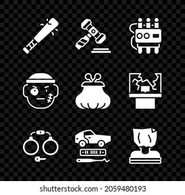Set Baseball bat with nails, Judge gavel, Dynamite and timer clock, Handcuffs, Car theft, Kidnaping, Bandit and Wallet icon. Vector