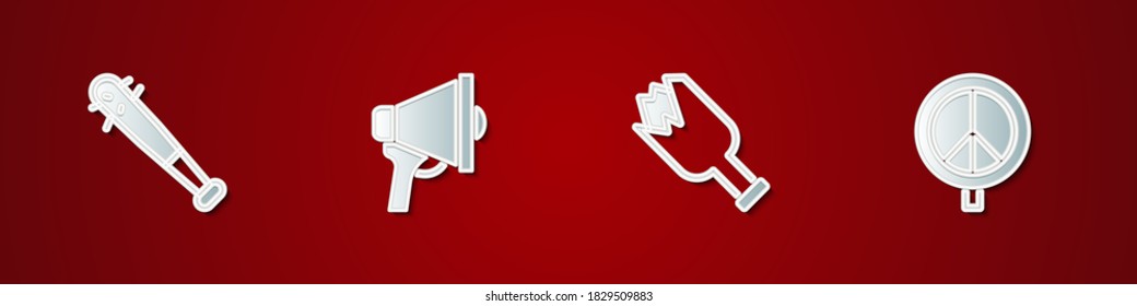 Set Baseball bat with nails, Megaphone, Broken bottle weapon and Peace icon. Vector.