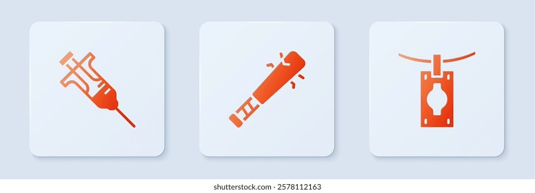 Set Baseball bat with nails, Syringe and Money laundering. White square button. Vector