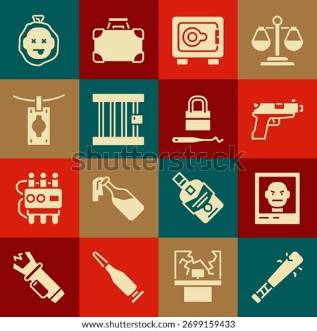 Set Baseball bat with nails, Wanted poster, Pistol or gun, Safe, Prison window, Money laundering, Murder and Lock picks for lock picking icon. Vector