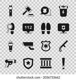 Set Baseball bat, Police rubber baton, badge, Telephone call 112, Footsteps, electric shocker and  icon. Vector