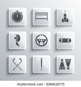 Set Baseball bat, Rubber flippers for swimming, Skateboard trick, Steering wheel, Ice hockey sticks, Fencing helmet mask, Stopwatch and Dart arrow icon. Vector