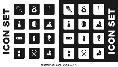 Set Baseball bat, Rugby, Bowling pin, Tennis racket, Roller skate, Kettlebell, Fencing helmet mask and Skateboard trick icon. Vector