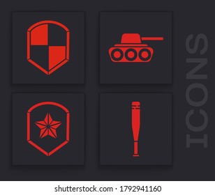Indique el bate de béisbol, el escudo, el tanque militar y el icono de la insignia de la policía. Vector