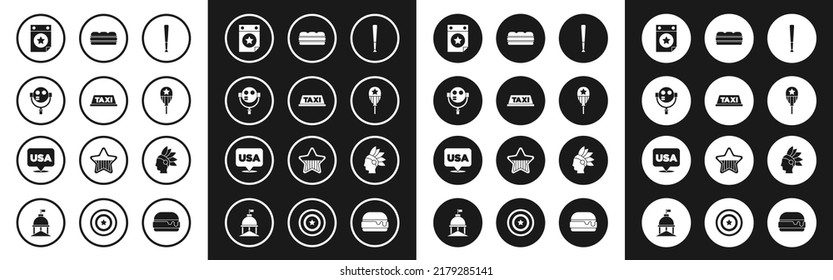 Set Baseball bat, Taxi car roof, Tourist binoculars, Calendar with date July 4, Balloons, Sandwich, Native American Indian and USA Independence day icon. Vector