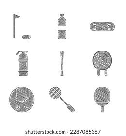 Bate de béisbol, raqueta de tenis, raqueta para jugar al ping-pong, Deporte Target, Aqualung, truco de skateboard e icono de la bandera Golf. Vector
