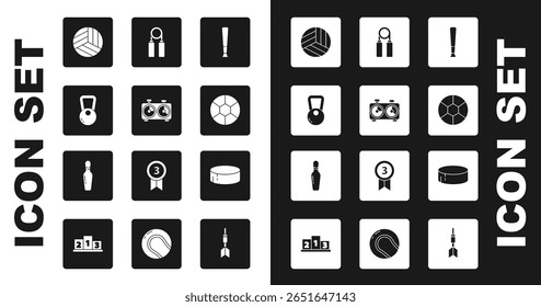 Set Baseball bat, Time chess clock, Kettlebell, Volleyball, Football, Sport expander, Hockey puck and Bowling pin icon. Vector
