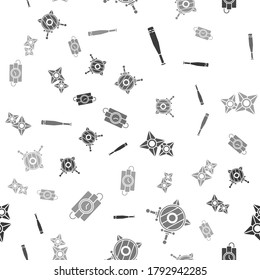 Set Baseball bat, Wooden shield with crossed swords, Japanese ninja shuriken and dynamite stick and timer clock on seamless pattern. Vector