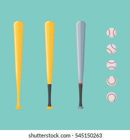 Set of baseball and bats isolated on background. Flat style vector illustration.