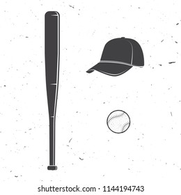 Set Of Baseball Cap, Ball, Bat Silhouette For Emblems ,logo And Labels. Vector Illustration. Concept For Shirt Or Logo, Print, Stamp Or Tee.