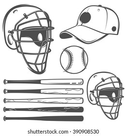 Set of baseball cap ball bat helmet monochrome style for emblems ,logo and labels.