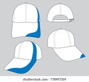 Set baseball cap design white/blue colors vector, plastic slide buckle strap.