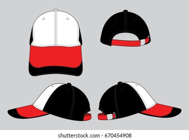 Set Baseball Cap Design White-Red-Black, Adjustable With Buckle Strap Vector