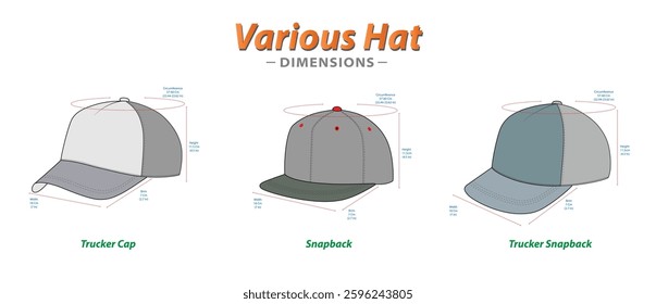 Set of Baseball Cap Dimensions, Various Hat Dimensions, Trucker Cap, Snapback, and Trucker Snapback, Design and Structure Illustration, isolated on white