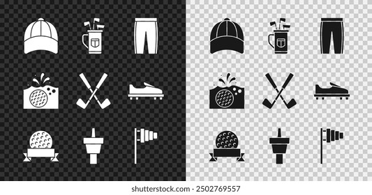 Set Baseball cap, Golf bag with clubs, pants, tee, flag, in water and Crossed golf icon. Vector