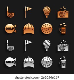 Set Baseball cap, Golf in water, bag with clubs, sport, on tee,  and flag icon. Vector